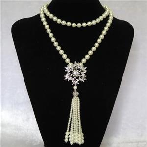 white Pearlized Glass Necklace with copper pendant pave zircon, round, approx 8mm, 40mm, 74cm length