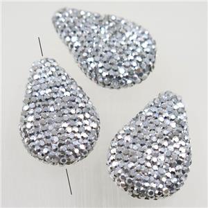 resin teardrop beads paved silver rhinestone, approx 20-28mm