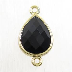 black Onyx Agate connector, faceted teardrop, gold plated, approx 11x14mm