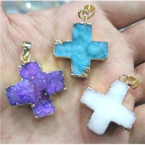 quartz Druzy Cross Pendant, mixed color, approx 25-30mm