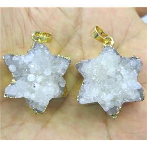 white druzy quartz pendant, star, gold plated, approx 25-30mm