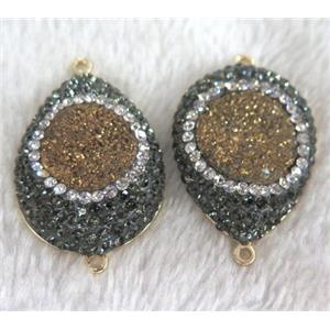 druzy quartz connector with rhinestone, teardrop, gold plated, approx 25x35mm