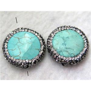 turquoise bead paved rhinestone, flat-round, approx 25mm dia