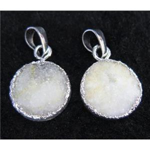 white druzy quartz pendant, flat-round, silver plated, approx 15mm dia