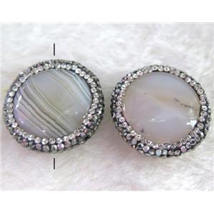 Heihua Agate bead paved rhinestone, gray, flat-round, approx 25-30mm