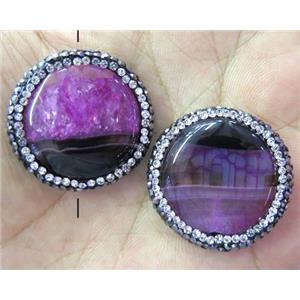 druzy agate bead pave rhinestone, flat-round, hotpink, approx 25-30mm