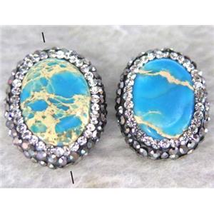 blue Sea Sediment oval bead paved rhinestone, approx 12-16mm