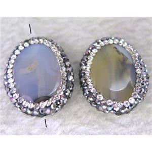 Heihua agate bead paved rhinestone, oval, gray, approx 14-20mm