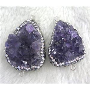 Amethyst druzy connector paved rhinestone, freeform, purple, approx 15-35mm