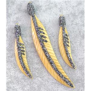 yellow cattle bone pendant paved rhinestone, feather, approx 12-60mm