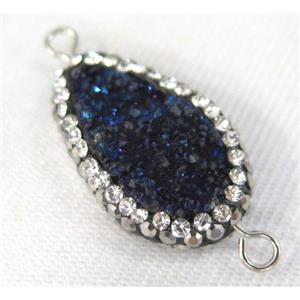 Druzy Quartz connector paved rhinestone, teardrop, blue, approx 10-20mm