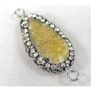 yellow Druzy Quartz connector paved rhinestone, teardrop, approx 10-20mm