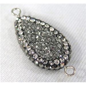 Druzy Quartz connector paved rhinestone, teardrop, silver, approx 10-20mm