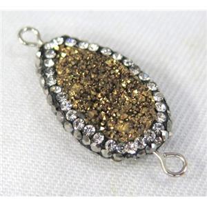 Druzy Quartz connector paved rhinestone, teardrop, golden, approx 10-20mm