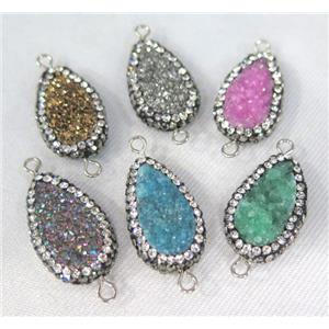 Druzy Quartz connector paved rhinestone, teardrop, mix color, approx 10-20mm