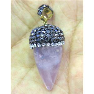 Rose Quartz bullet pendant paved rhinestone, pink, approx 15-30mm