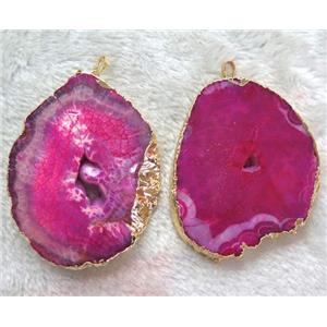 Agate druzy slice pendant, freeform, hotpink, gold plated, approx 30-80mm