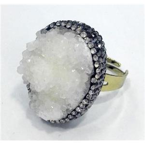 white druzy quartz ring paved rhinestone, copper, gold plated, approx 20-25mm, 20mm dia