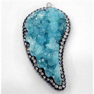 aqua druzy quartz pendant paved rhinestone, wing, approx 25-50mm