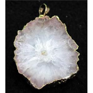 white Solar Quartz Druzy slice pendant, polished, freeform, gold plated, approx 25-35mm