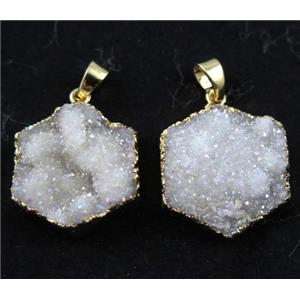 druzy quartz pendant, hexagon, white AB-color, gold plated, approx 20-30mm