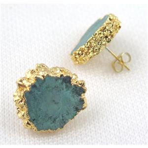 green Solar Quartz druzy earring studs, copper, gold plated, approx 15-20mm