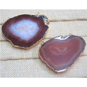 red agate slice pendant with 2loops, freeform, gold plated, approx 20-60mm