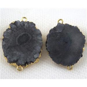 black Solar Quartz druzy slice connector, freeform, gold plated, approx 10-20mm