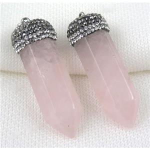 rose quartz bullet pendant paved rhinestone, approx 15-50mm