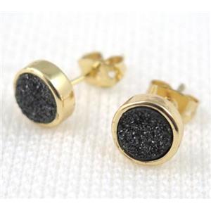 black druzy agate earring stud, copper, gold plated, approx 8mm, 16mm length