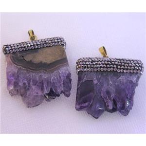 amethyst druzy slice pendant pave rhinestone, freeform, approx 20-45mm