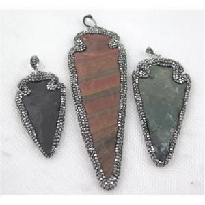 mix hammered Rock Agate arrowhead pendant paved rhinestone, approx 20-45mm