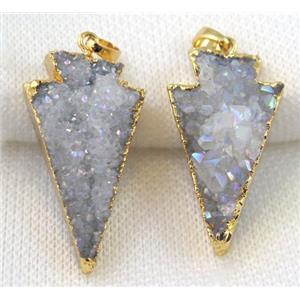 druzy quartz pendant, white AB-color, arrowhead, gold plated, approx 18-35mm