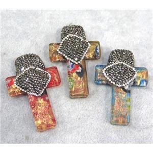 lampwork cross pendant paved rhinestone, mix color, approx 30-50mm