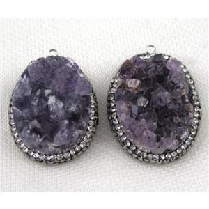 amethyst druzy pendant paved rhinestone, oval, approx 25-35mm