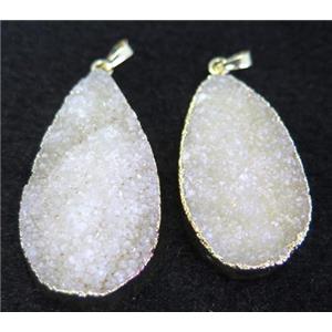 white druzy quartz pendant, teardrop, gold plated, approx 25-50mm