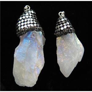 Clear Quartz Nugget pendant paved silver foil, rhinestone, freeform, white AB-color, approx 20-50mm