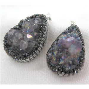 Amethyst druzy teardrop pendant paved silver foil, rhinestone, approx 15-40mm