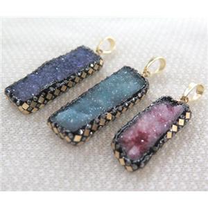 druzy quartz rectangle pendant paved gold foil, rhinestone, mix color, approx 12-35mm