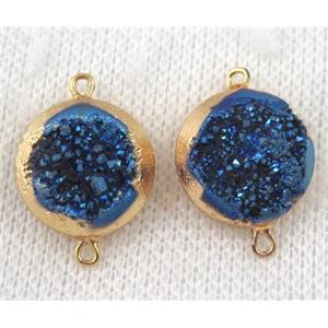 blue druzy quartz connector, flat round, gold plated, approx 16mm dia