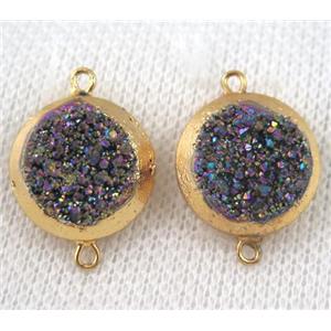 rainbow druzy quartz connector, flat round, gold plated, approx 16mm dia