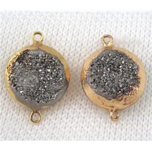 silver druzy quartz connector, flat round, gold plated, approx 16mm dia