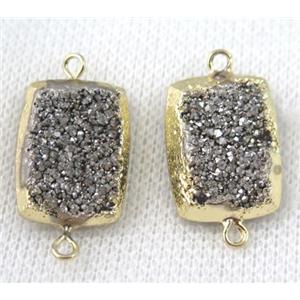 silver druzy quartz connector, rectangle, gold plated, approx 15x20mm