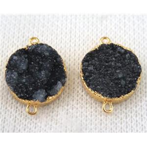 black druzy quartz connector, flat round, gold plated, approx 16mm dia