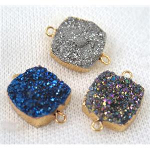 druzy quartz connector, mix color, square, gold plated, approx 16x16mm