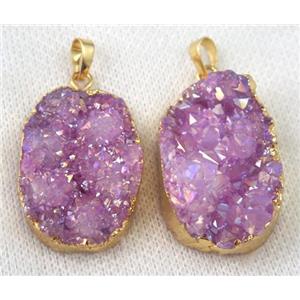 hotpink druzy quartz pendant, AB color, freeform, gold plated, approx 20-35mm