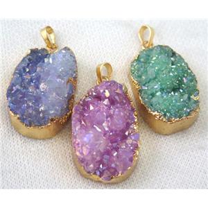 mix druzy quartz pendant, AB color, freeform, gold plated, approx 20-35mm