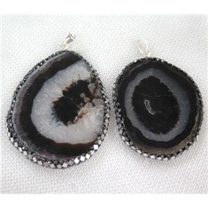 black agate druzy pendant paved silver foil, freeform, approx 25-60mm