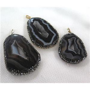 black agate druzy slice pendant paved foil, freeform, approx 25-60mm