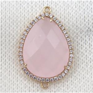 pink crystal glass teardrop connector paved zircon, gold plated, approx 14x18mm